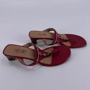 Nicole Red Leather Heart Embellished Thong Wedge Sandals Women's Size 7.5 M